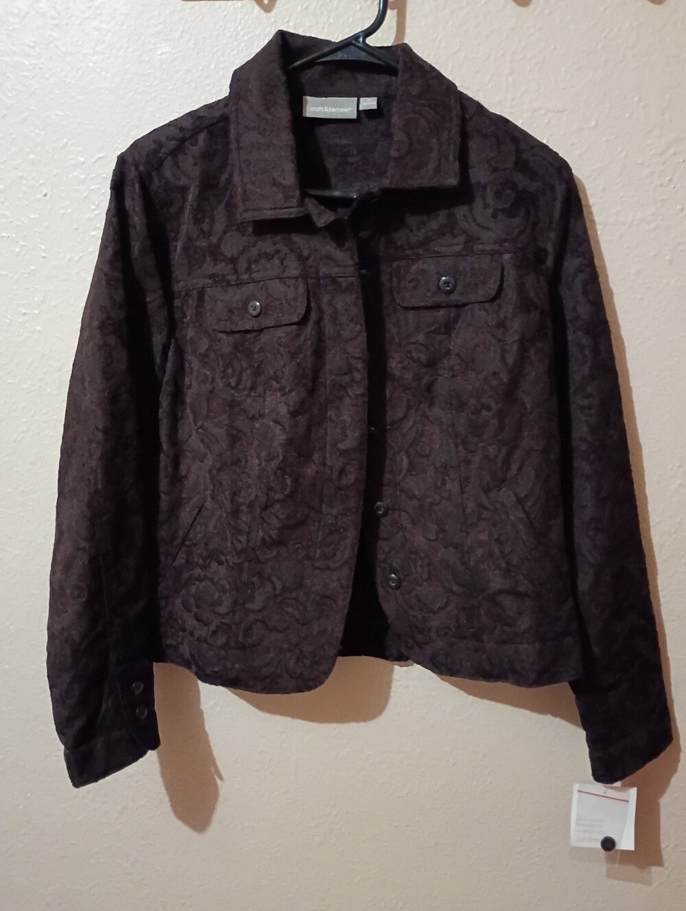 NWT croft & barrow Size Small Dark Brown Floral Jacquard Button-Front Jacket